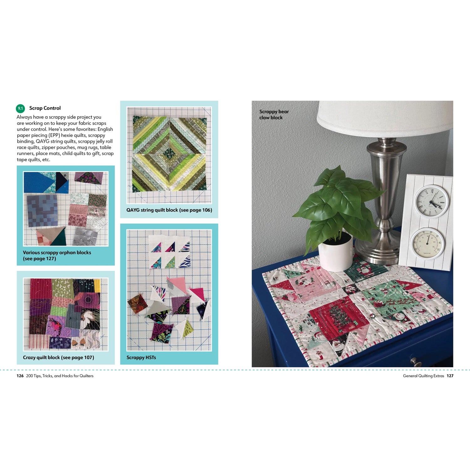An open book or magazine spread showing quilting project pages. The left page has text and four small quilt photos with titles like Scrap Control, Vintage string quilt blocks, and Crazy quilt block.