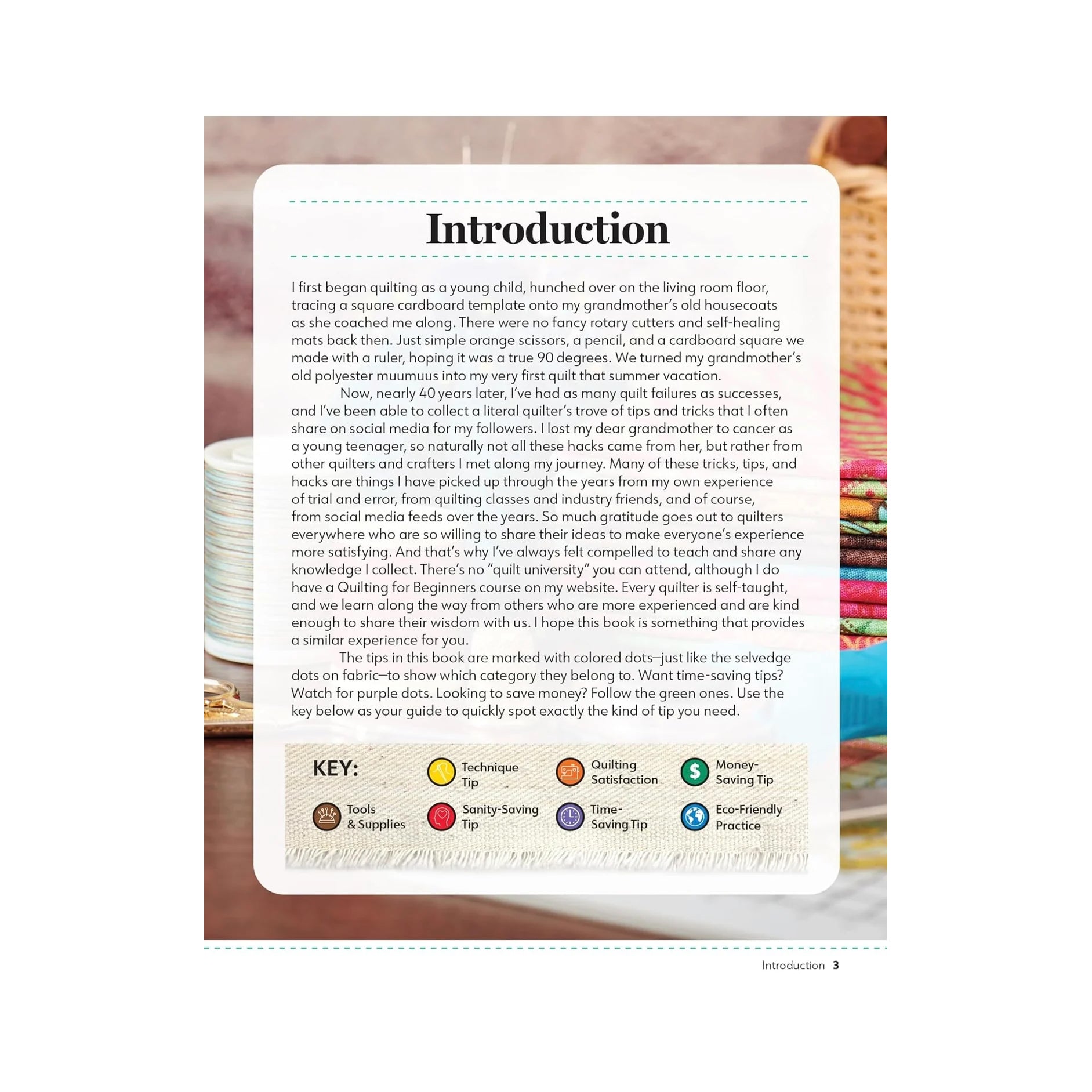Book introduction page explaining quilting tips and color-coded tip categories.
