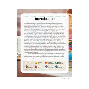 Book introduction page explaining quilting tips and color-coded tip categories.