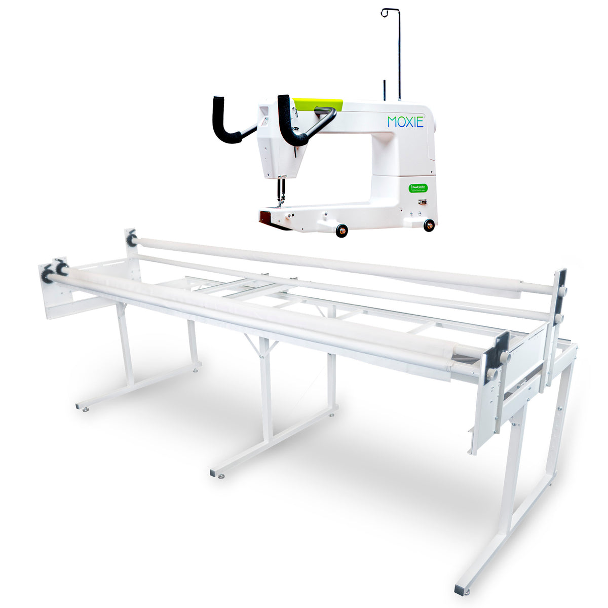 Moxie longarm machine and Loft Quilting Frame on a white background.