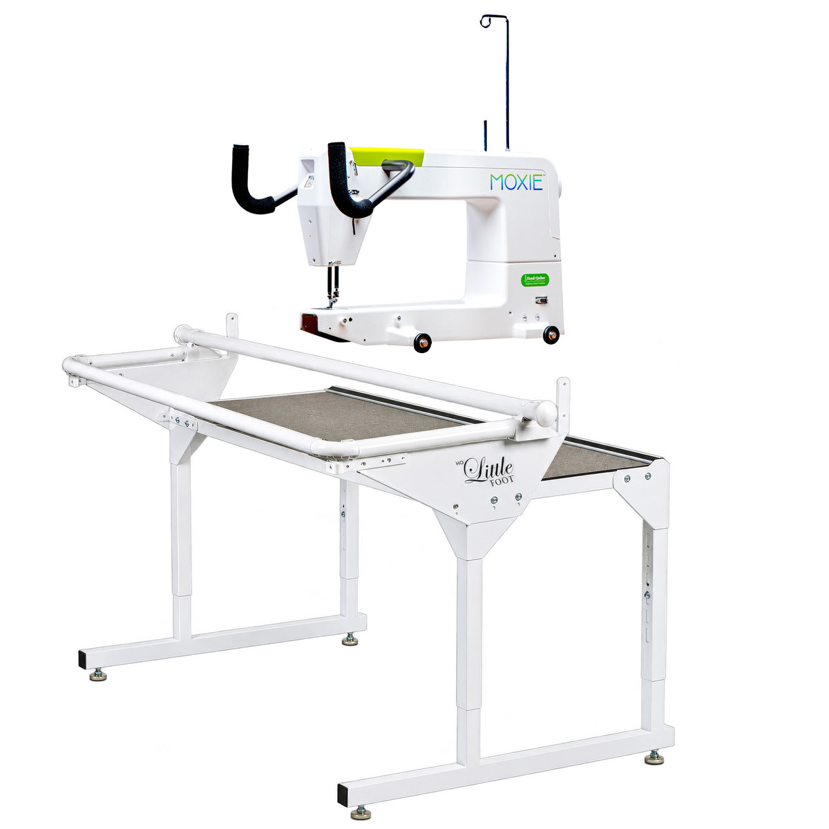 Moxie longarm machine and Little Foot Frame on a white background.