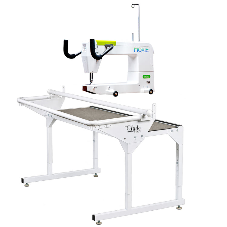 Moxie longarm machine and Little Foot Frame on a white background.
