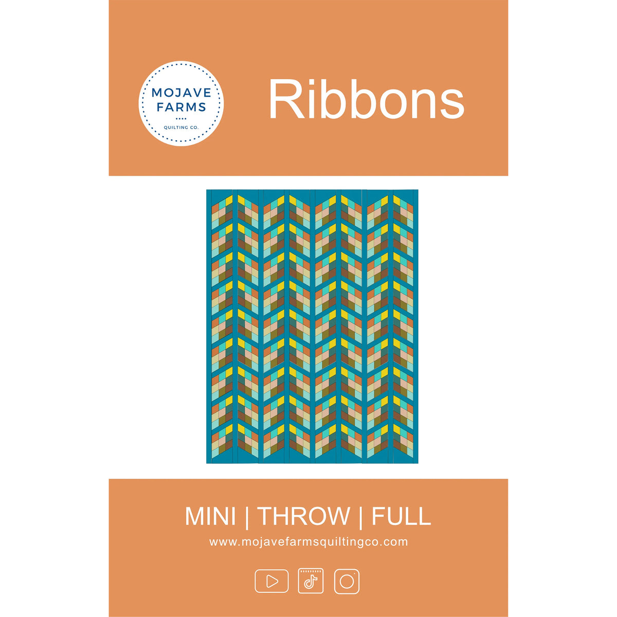A product listing graphic for Mojave Farms Quilting Co. showing a patterned ribbon design with the title 'Ribbons' and size options 'MINI | THROW | FULL'.