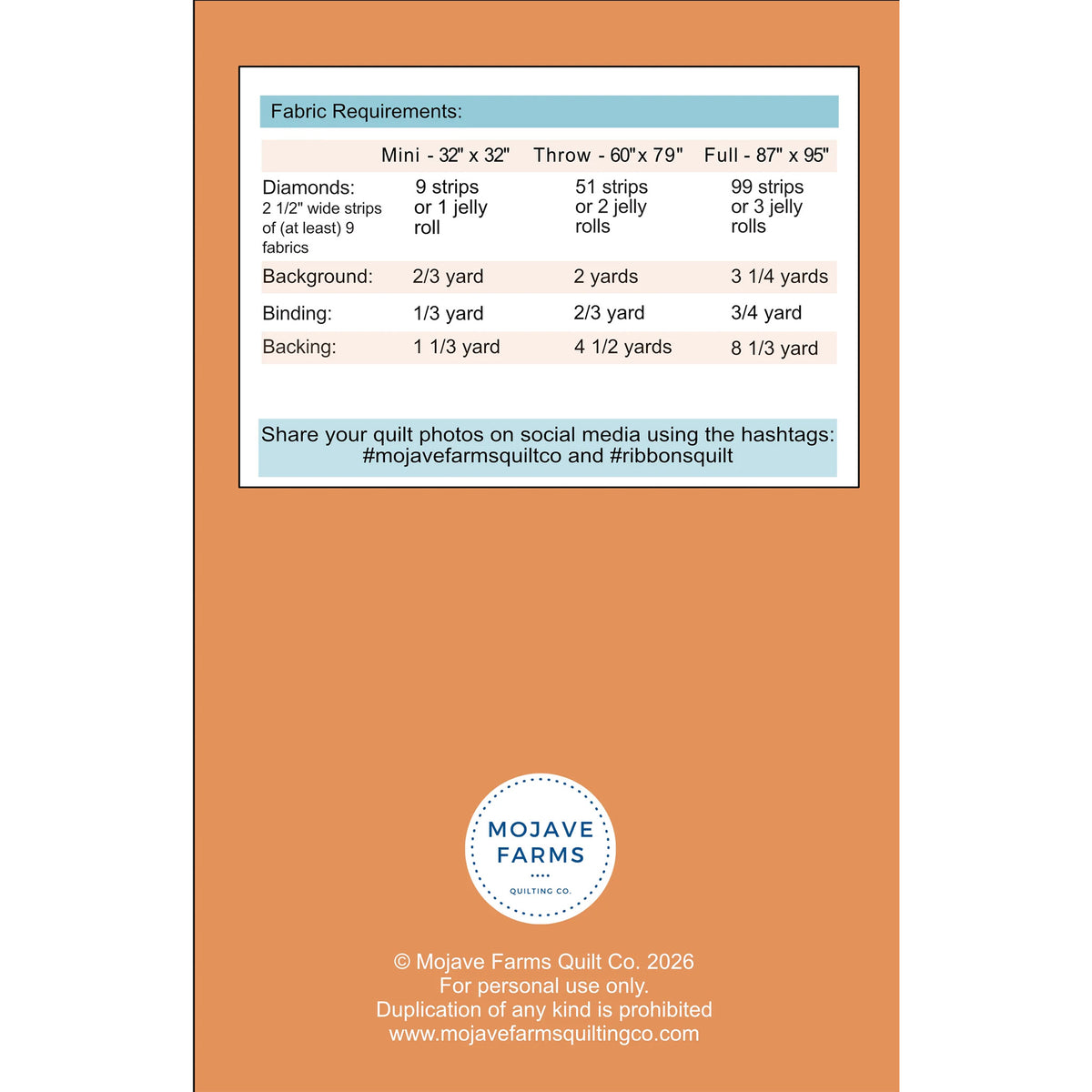 A fabric requirements chart from Mojave Farms Quilt Co. showing measurements and strip counts for diamonds, backgrounds, and backings in different quilt sizes.