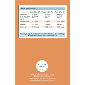 A fabric requirements chart from Mojave Farms Quilt Co. showing measurements and strip counts for diamonds, backgrounds, and backings in different quilt sizes.
