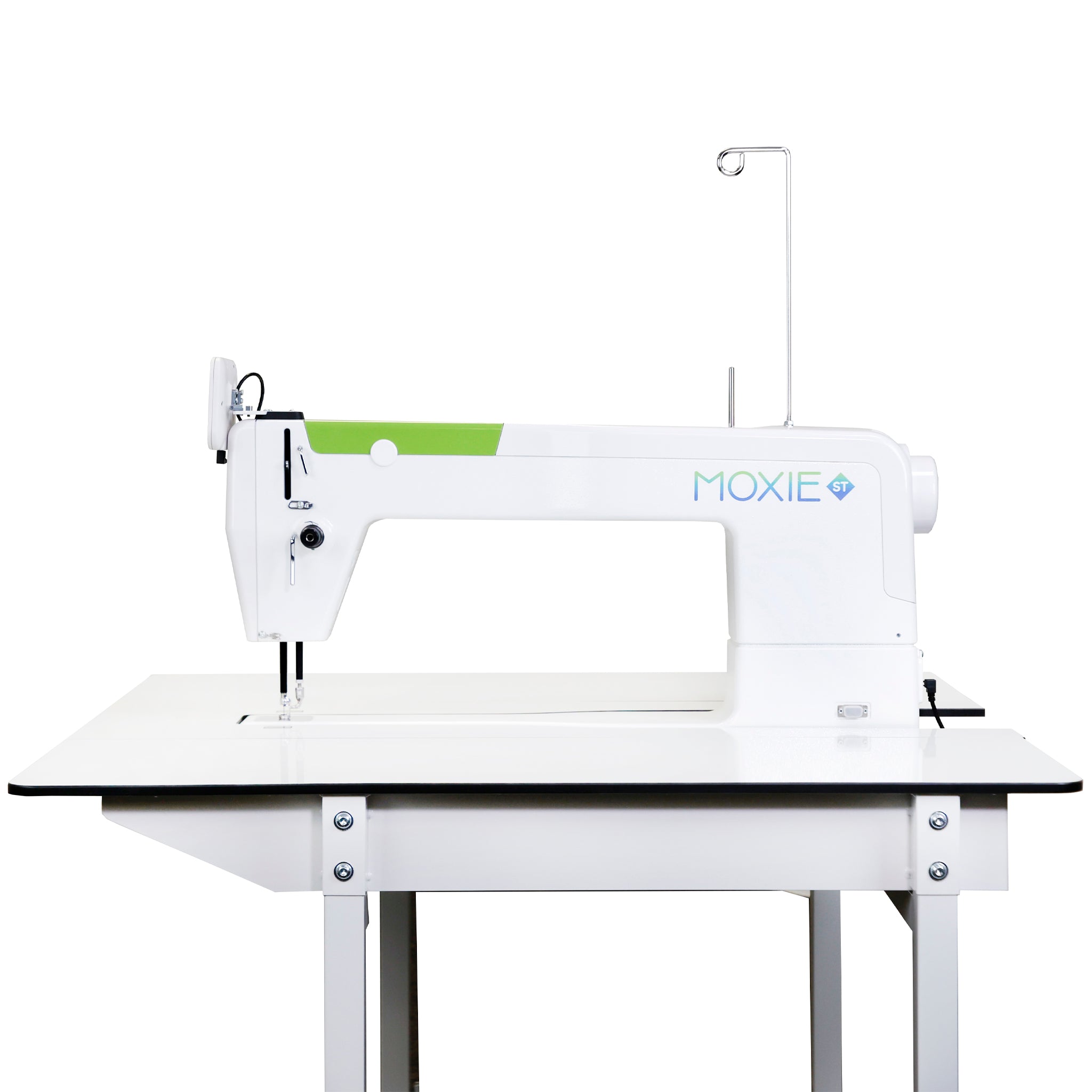 A Moxie ST side profile mounted on a white work table with metal legs, shown against a plain white background.