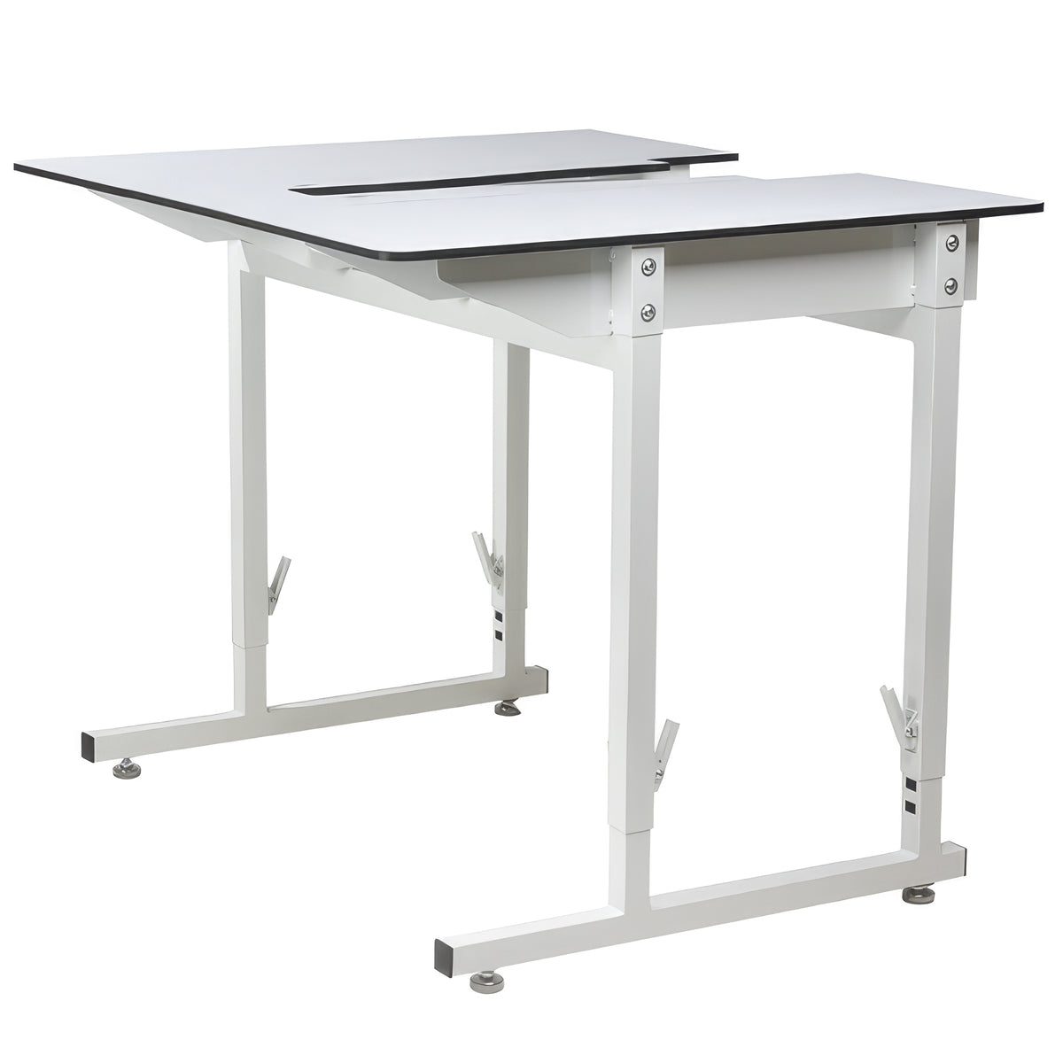 Adjustable white table with a split desktop design and height adjustment levers on the legs, shown on a solid white background.