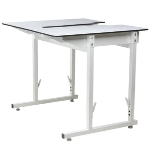 Adjustable white table with a split desktop design and height adjustment levers on the legs, shown on a solid white background.