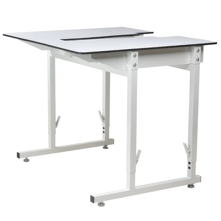 Adjustable white table with a split desktop design and height adjustment levers on the legs, shown on a solid white background.