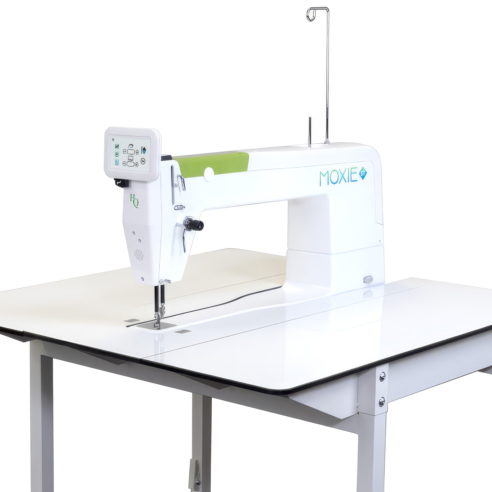 A white Moxie ST sewing machine mounted on a white table, shown against a plain white background.