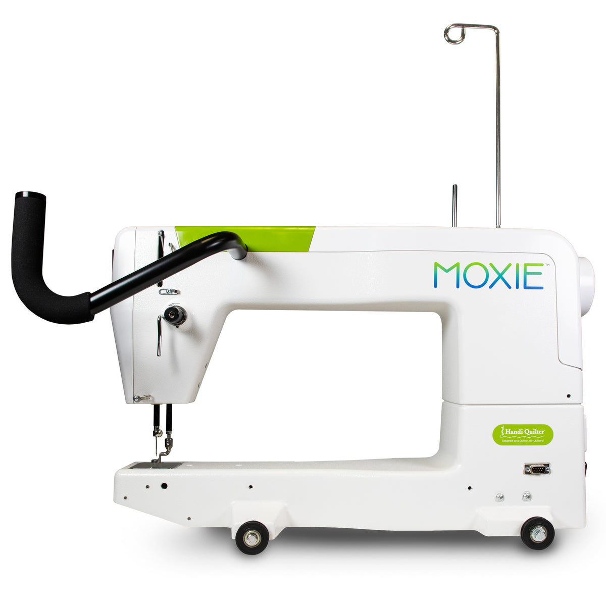 A white Moxie brand sewing machine with a black curved handle, green accents, and a metal stand, shown on a plain white background.
