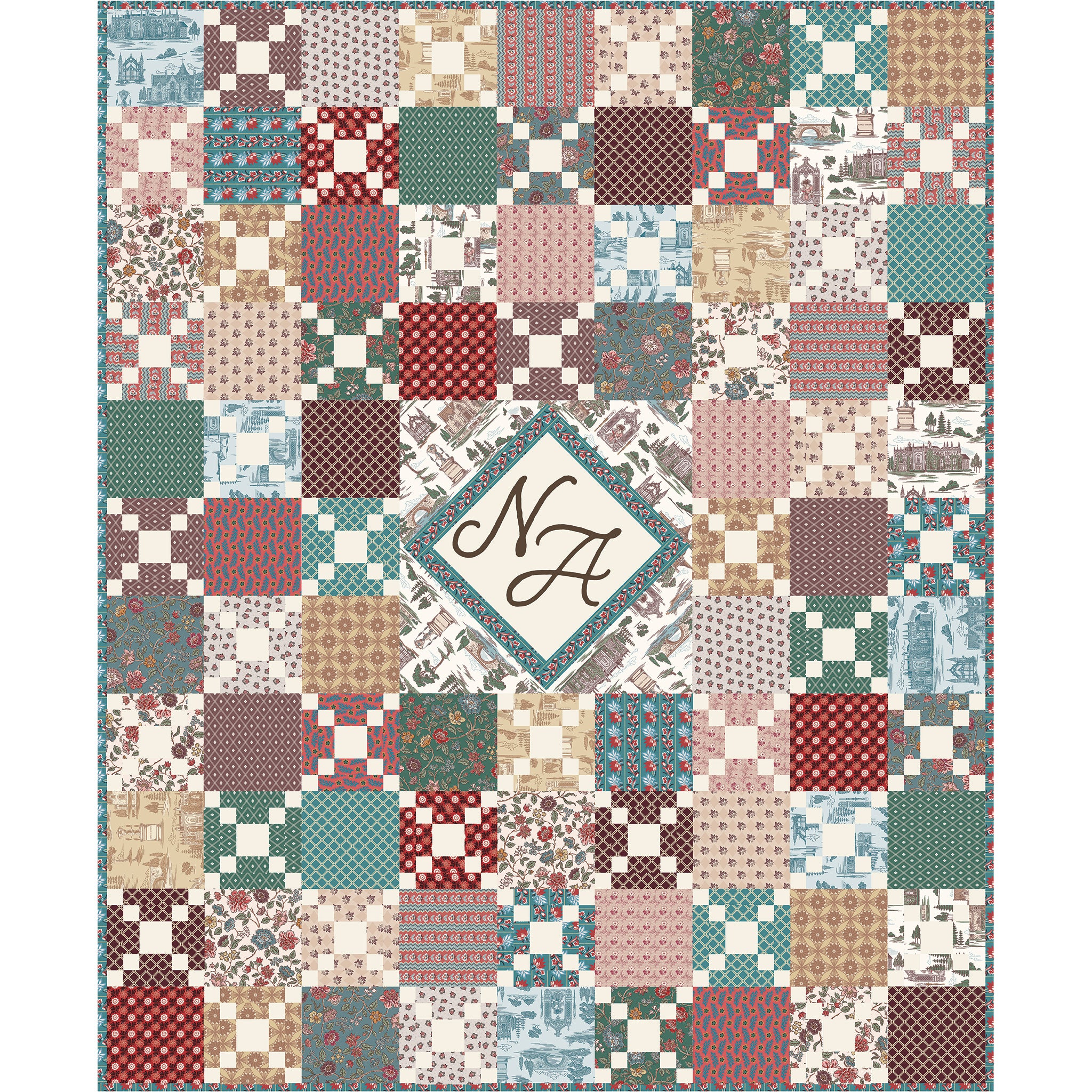 Northanger Abbey quilt with colorful patchwork blocks and a central NA monogram medallion.
