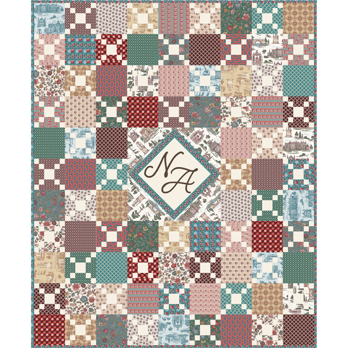 Northanger Abbey quilt with colorful patchwork blocks and a central NA monogram medallion.