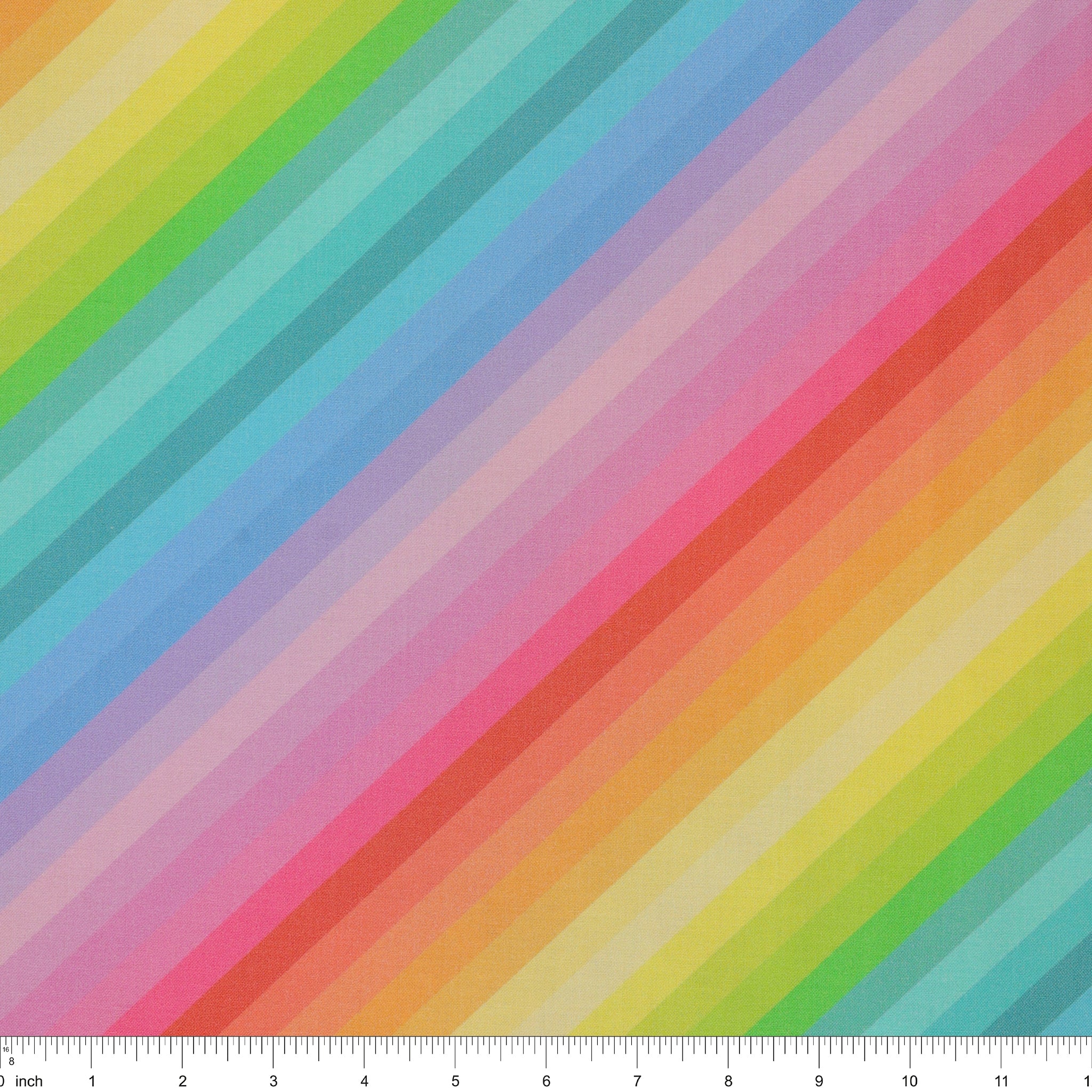 Pastel Rainbow Diagonal Stripe fabric with repeating diagonal bands of soft pink, peach, buttery yellow, light green, aqua blue, and lavender.