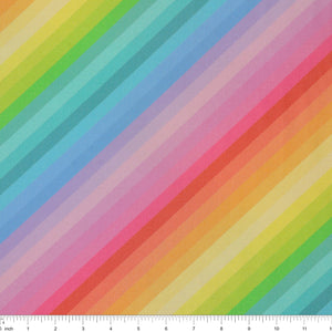 Pastel Rainbow Diagonal Stripe fabric with repeating diagonal bands of soft pink, peach, buttery yellow, light green, aqua blue, and lavender.