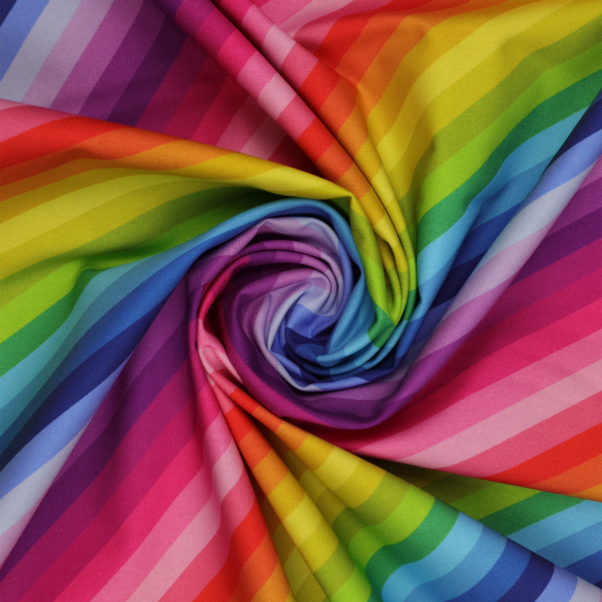 Vibrant Rainbow Diagonal Stripe fabric arranged in a spiral, showcasing bright multicolored rainbow stripes.
