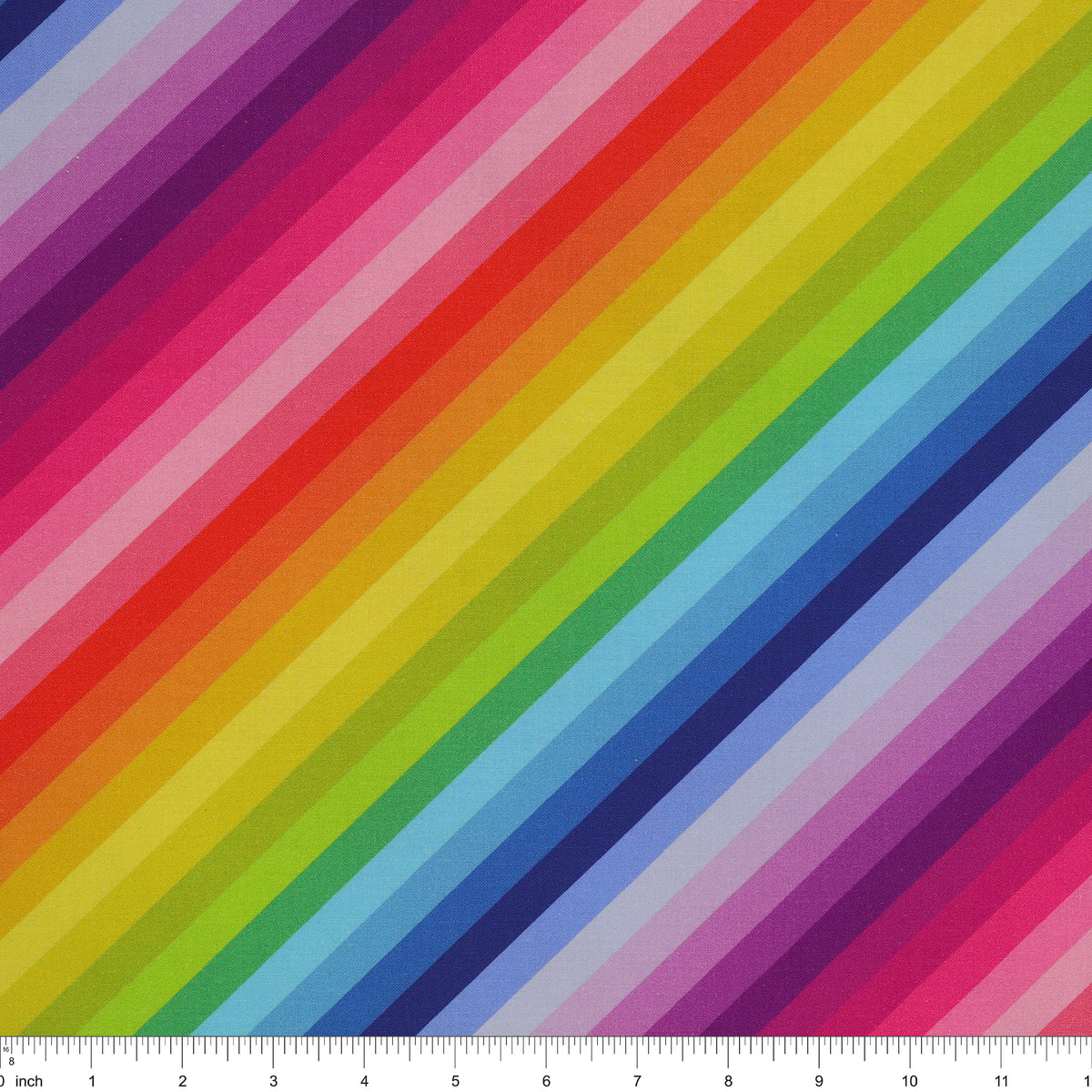 Vibrant Rainbow Diagonal Stripe fabric with repeating diagonal bands of vivid pink, purple, orange, yellow, green, and blue.