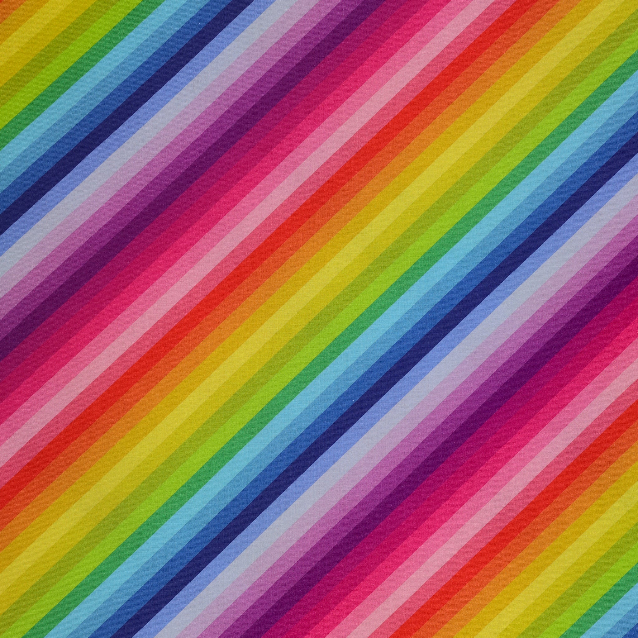 Vibrant Rainbow Diagonal Stripe fabric featuring bold diagonal stripes in pink, purple, red, orange, yellow, green, turquoise, and blue.