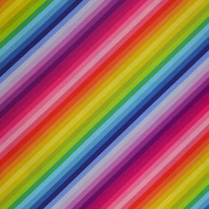 Vibrant Rainbow Diagonal Stripe fabric featuring bold diagonal stripes in pink, purple, red, orange, yellow, green, turquoise, and blue.