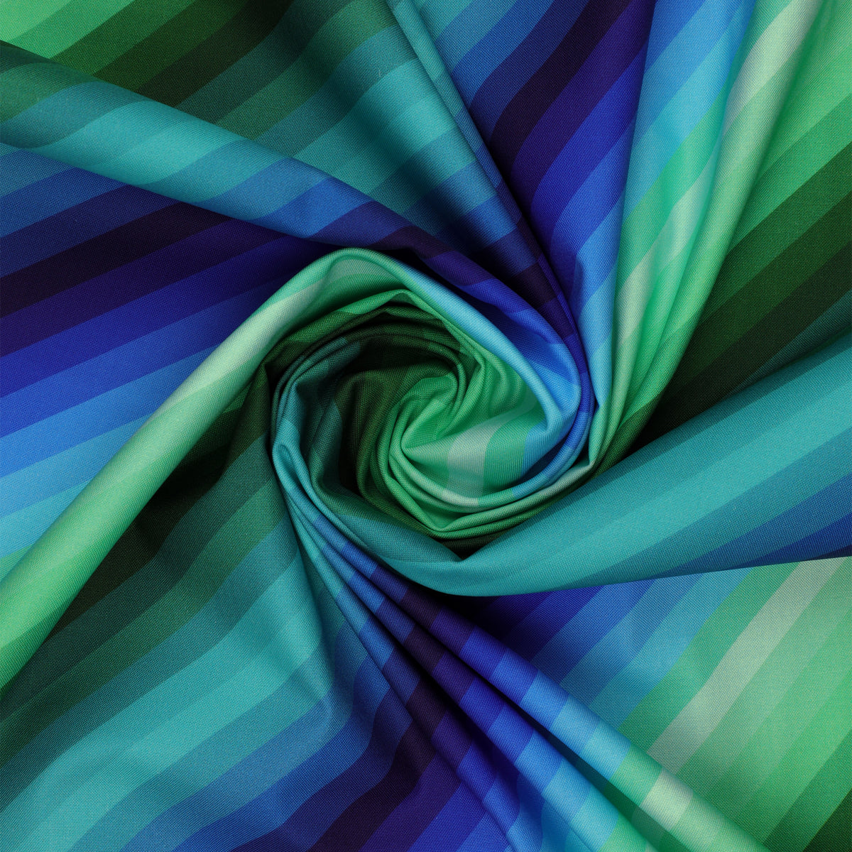 Blue & Green Rainbow Diagonal Stripe fabric draped in a spiral, showcasing vibrant blue, aqua, teal, and green stripes.
