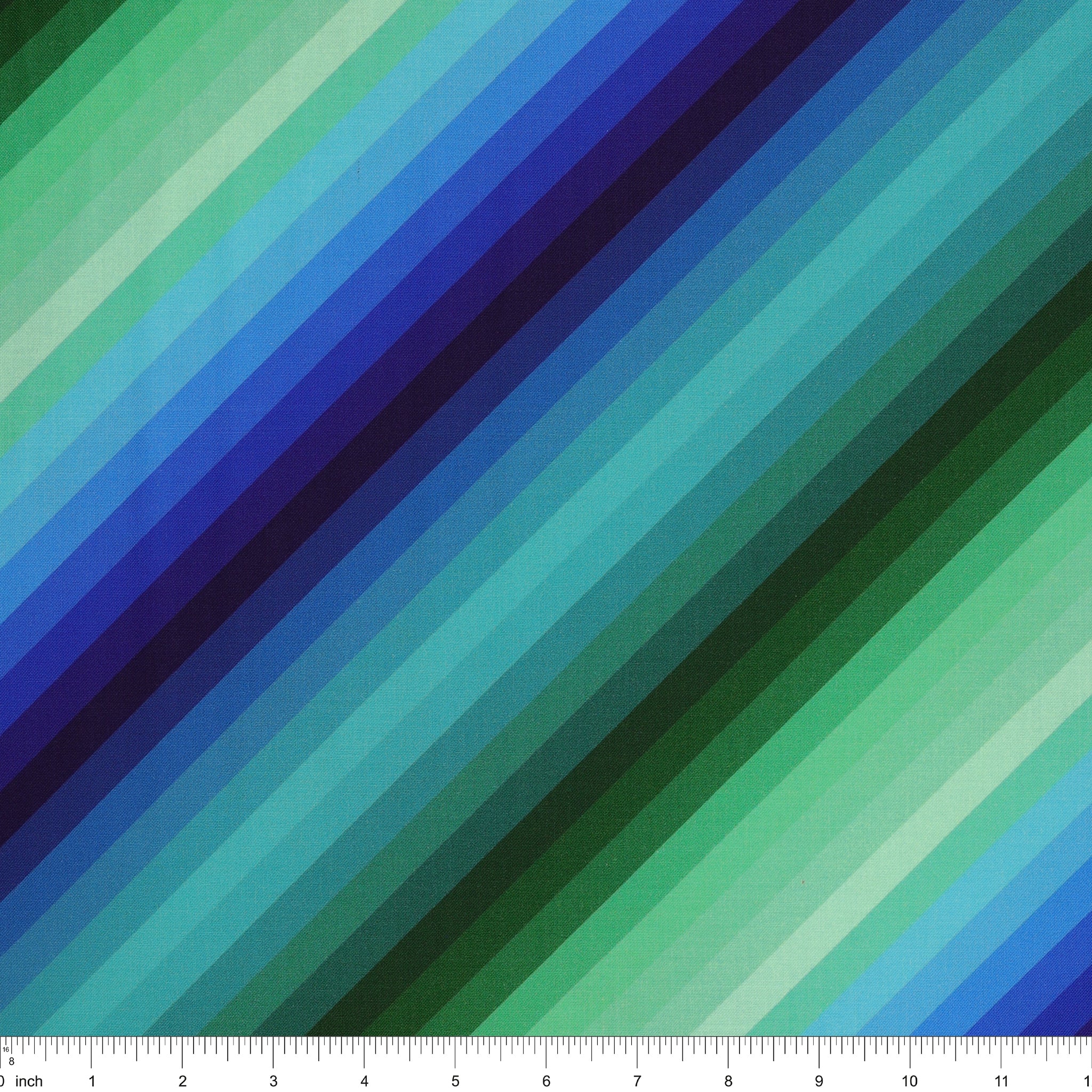 Blue & Green Rainbow Diagonal Stripe fabric with alternating diagonal stripes in deep navy, cobalt blue, turquoise, mint, and forest green.