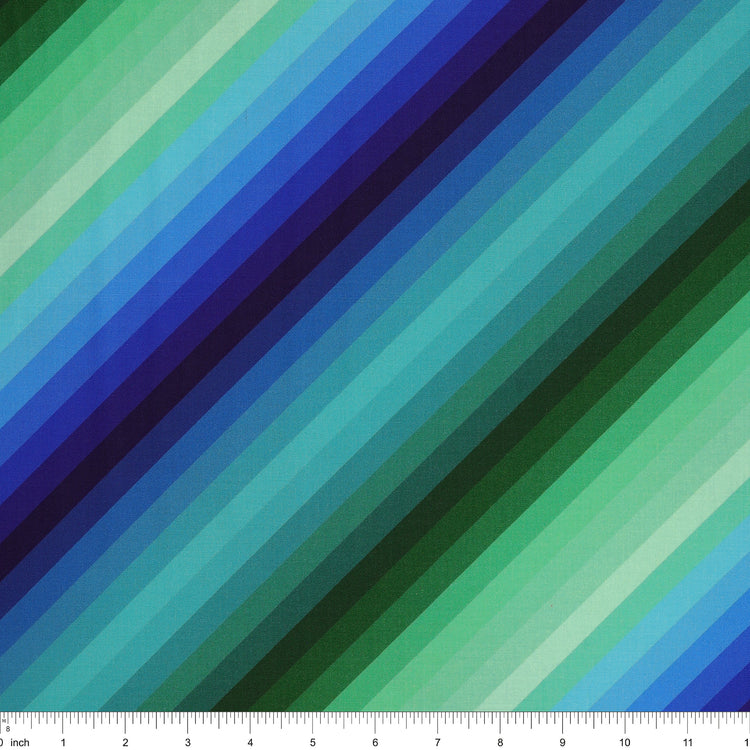 Blue & Green Rainbow Diagonal Stripe fabric with alternating diagonal stripes in deep navy, cobalt blue, turquoise, mint, and forest green.