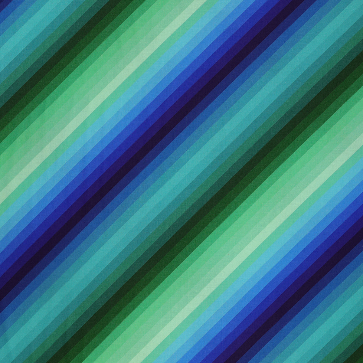 Blue & Green Rainbow Diagonal Stripe fabric featuring bold diagonal bands of navy, royal blue, turquoise, teal, emerald green, and mint.