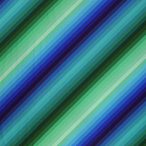 Blue & Green Rainbow Diagonal Stripe fabric featuring bold diagonal bands of navy, royal blue, turquoise, teal, emerald green, and mint.