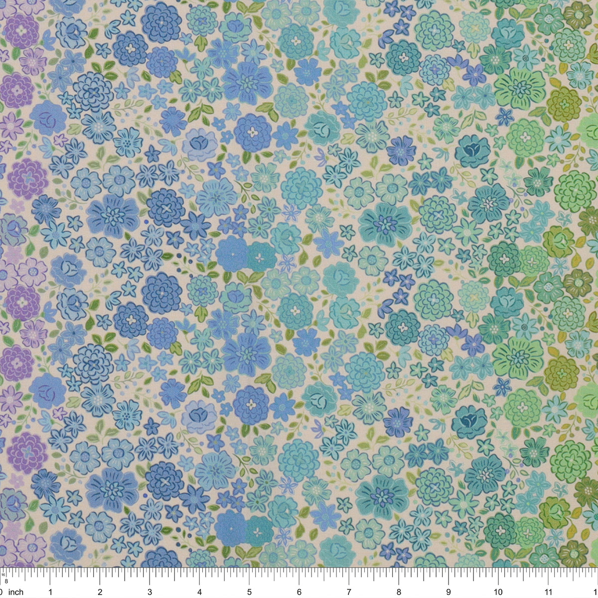Pastel Boho Blooms Ombre fabric with blue, turquoise, purple, and green flowers on a cream background.