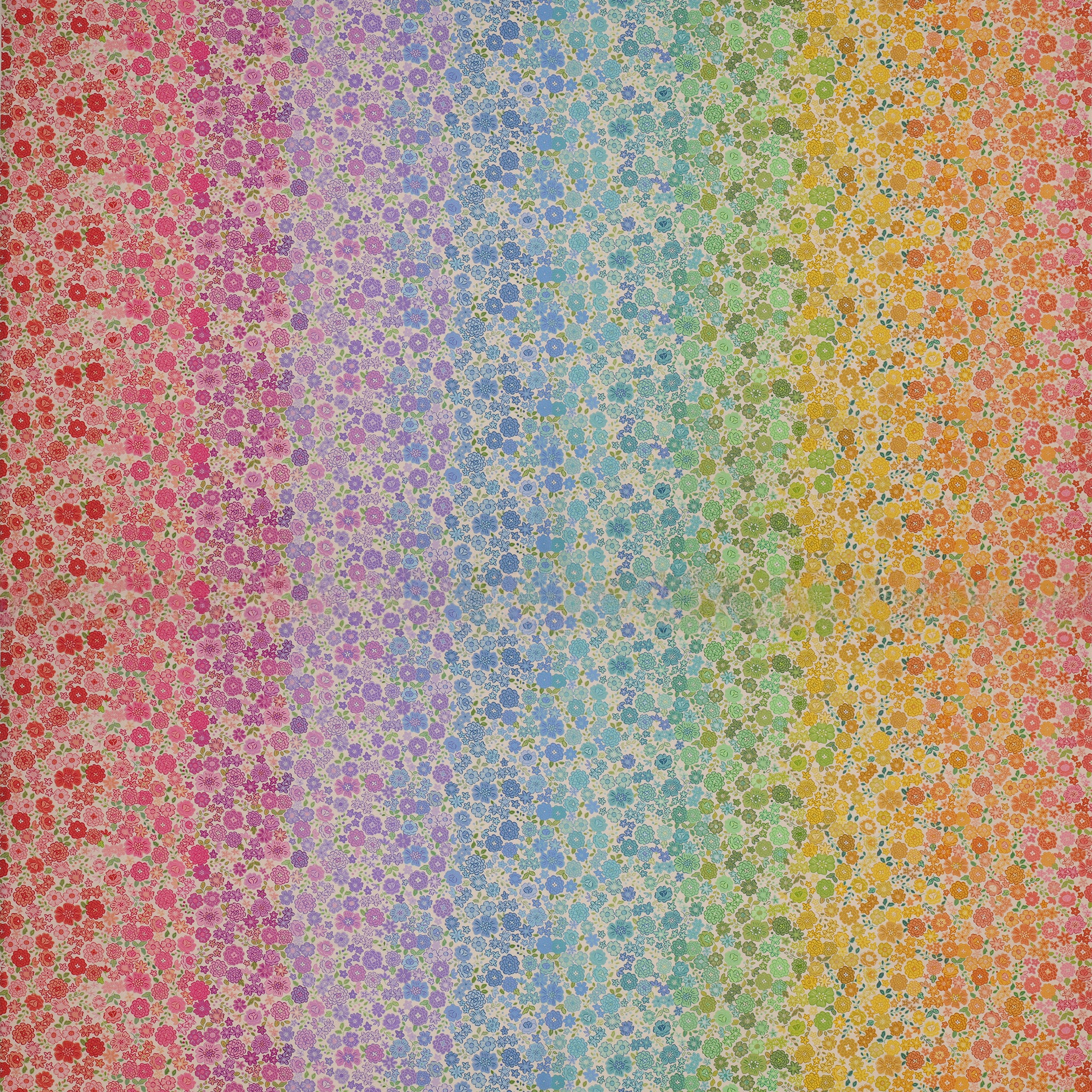 Pastel Boho Blooms Ombre fabric with rainbow floral colors transitioning from pink and purple to blue, green, yellow, and orange.
