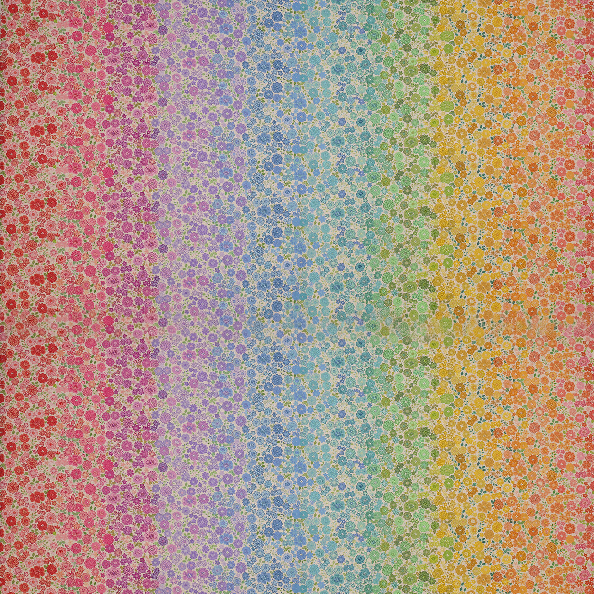 Pastel Boho Blooms Ombre fabric with rainbow floral colors transitioning from pink and purple to blue, green, yellow, and orange.