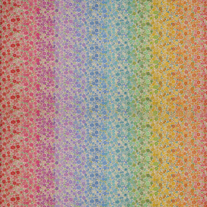 Pastel Boho Blooms Ombre fabric with rainbow floral colors transitioning from pink and purple to blue, green, yellow, and orange.