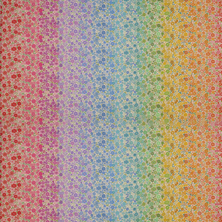 Pastel Boho Blooms Ombre fabric with rainbow floral colors transitioning from pink and purple to blue, green, yellow, and orange.