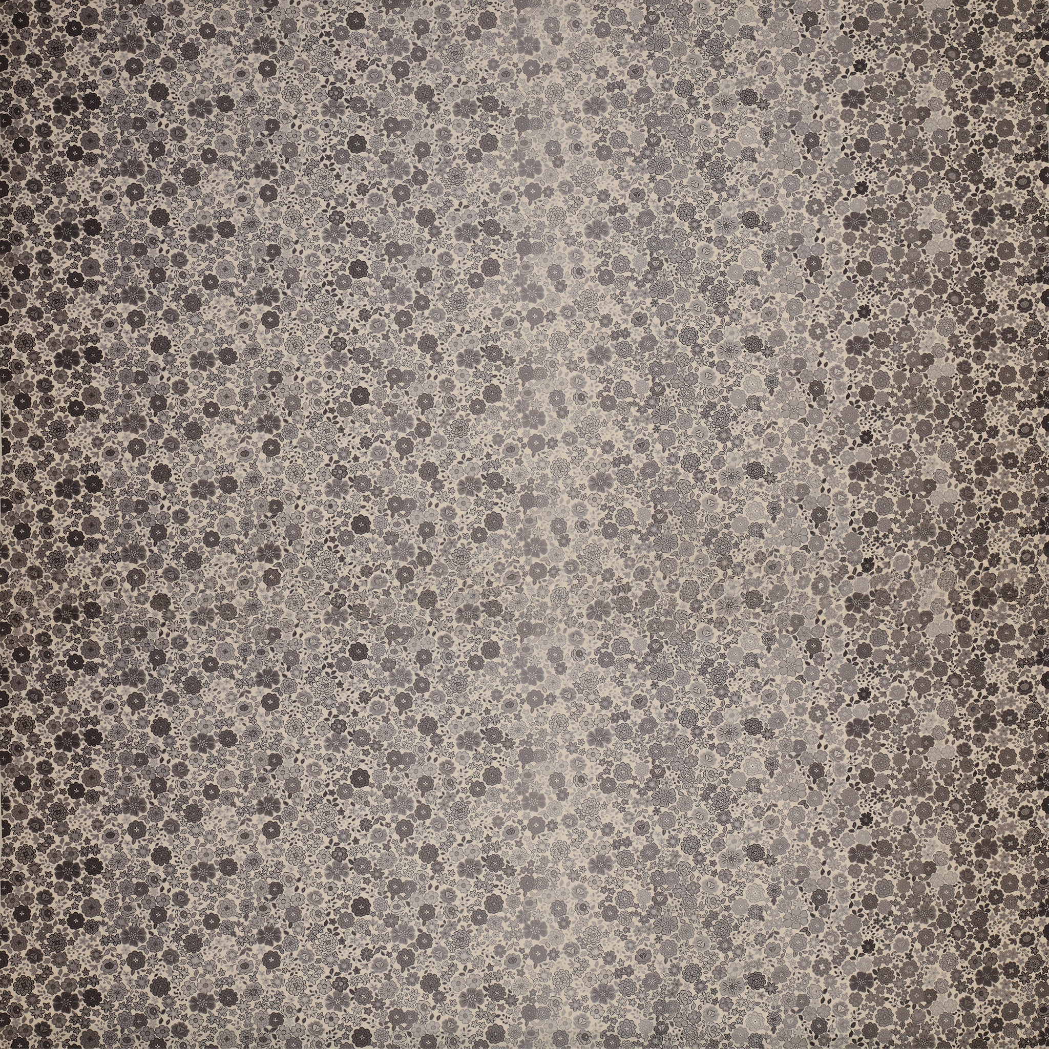 Gray floral ombre fabric with small flowers fading from dark edges to a light gray center.