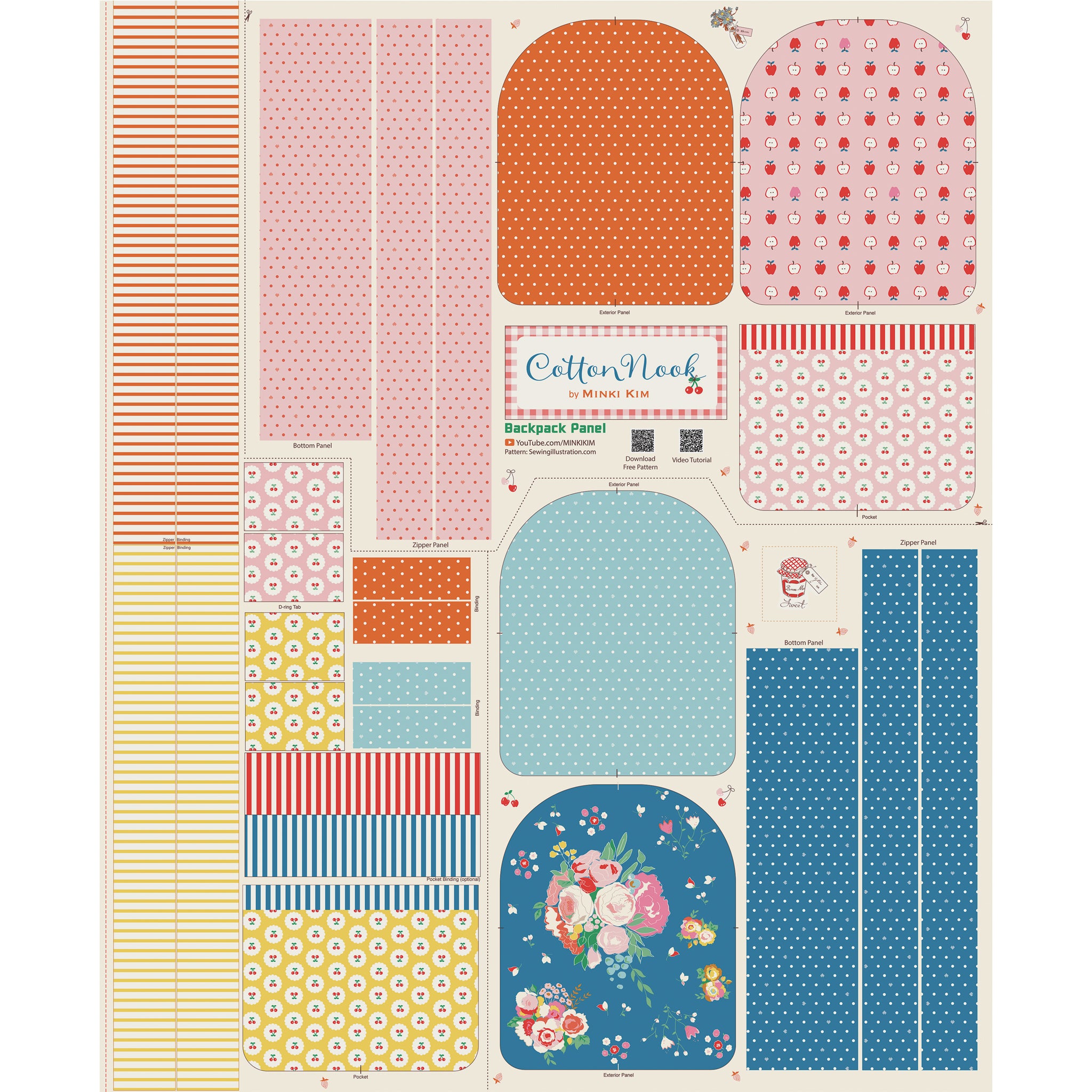 Cotton Nook Backpack Panel with printed pieces for sewing a colorful zippered backpack.