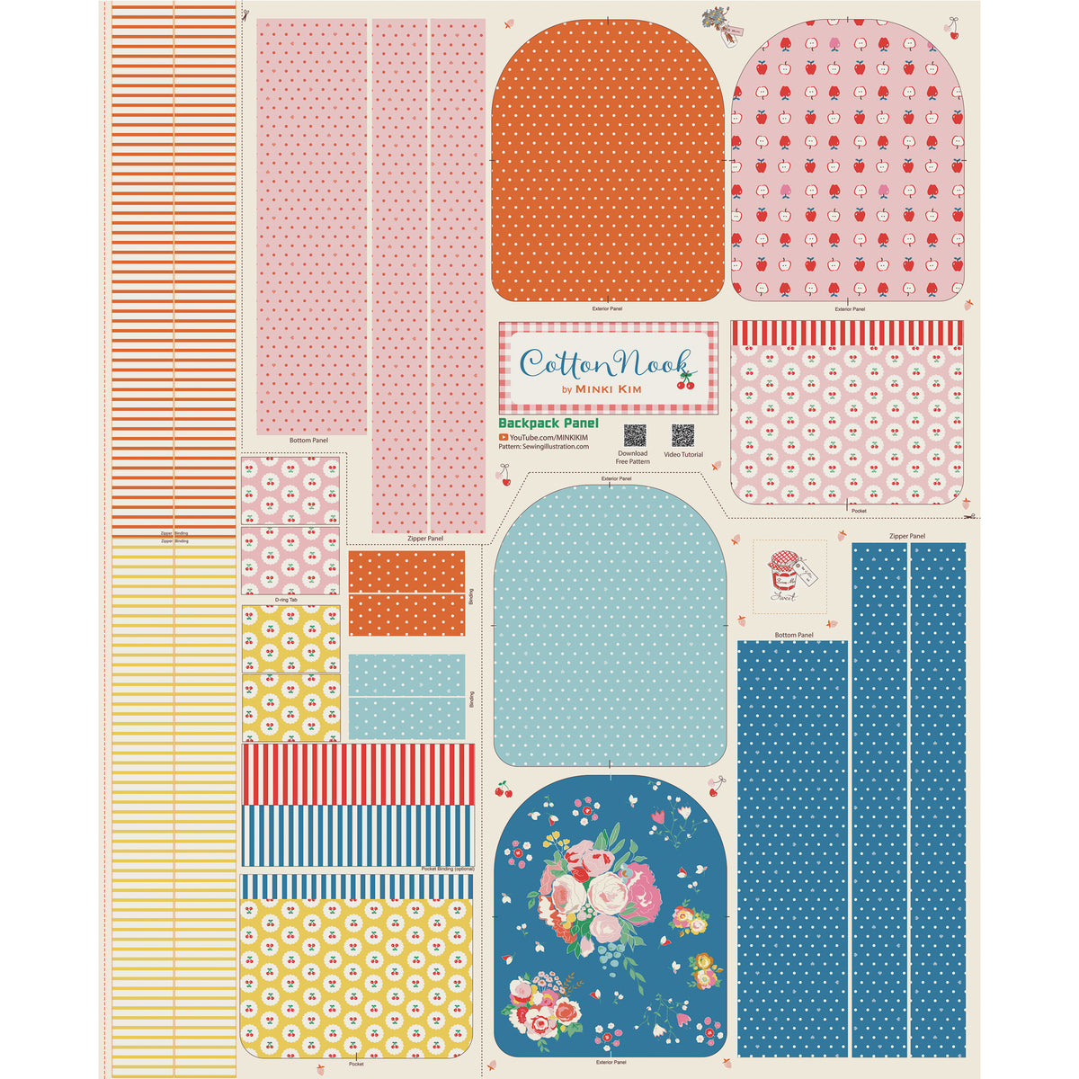 Cotton Nook Backpack Panel with printed pieces for sewing a colorful zippered backpack.