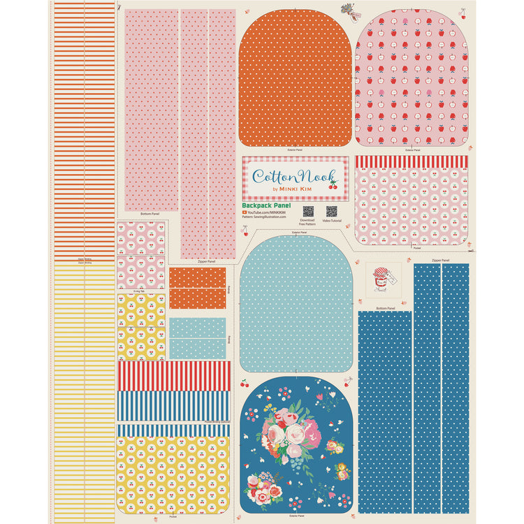 Cotton Nook Backpack Panel with printed pieces for sewing a colorful zippered backpack.