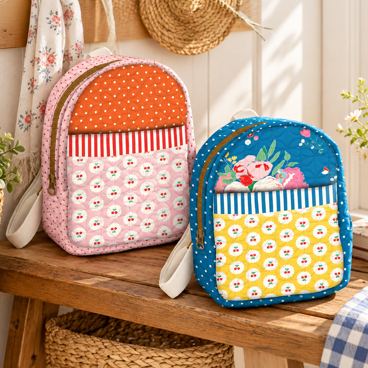 Finished Cotton Nook backpacks sitting on wood bench.