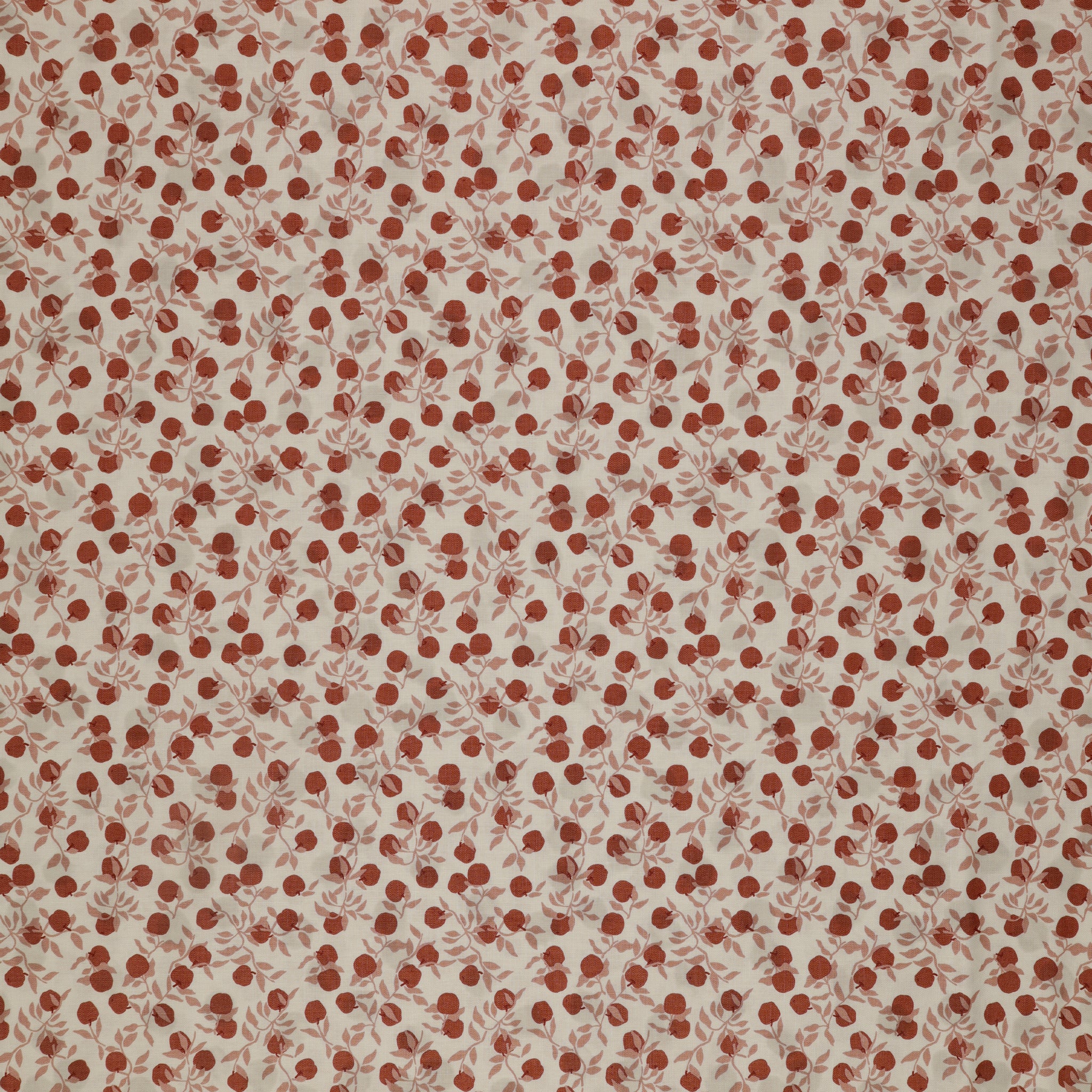 Primrose & Parsley Fabric Collection - Apples Natural: rust-red apples and dusty pink leafy branches on a cream background PCPR26832