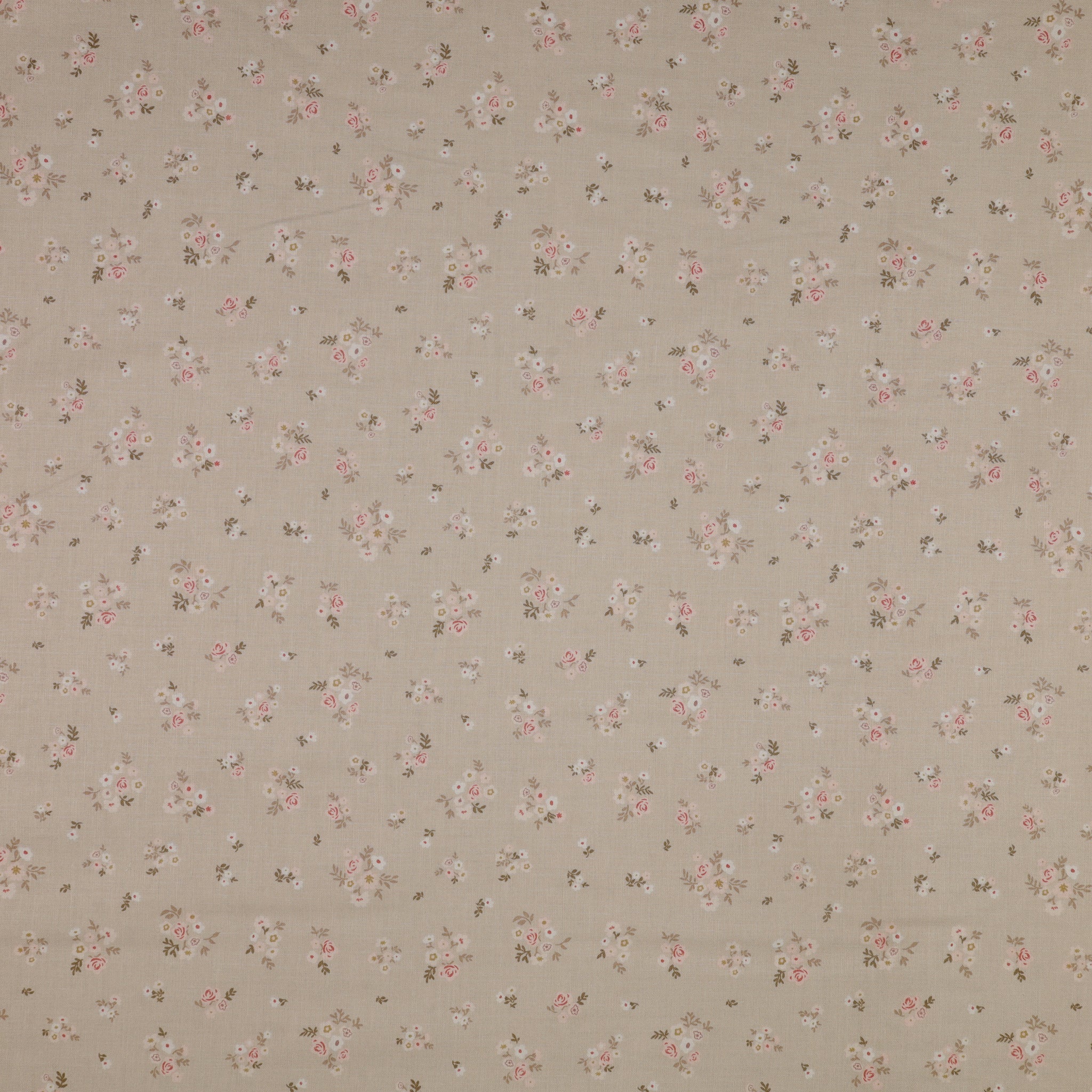 Primrose & Parsley Fabric Collection - Briar Rose Sage: small pink and white floral clusters with olive leaves on a beige background PCPR26835