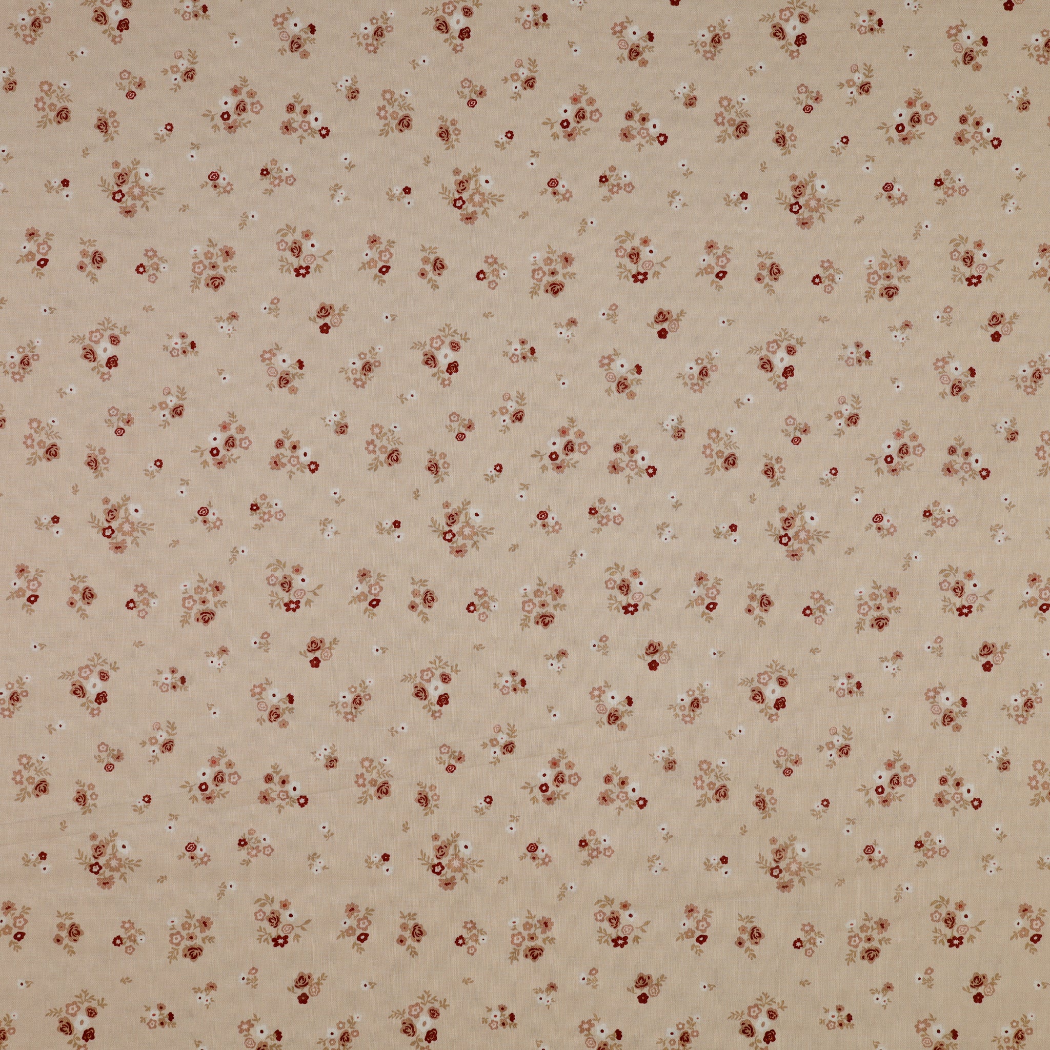 Primrose & Parsley Fabric Collection - Briar Rose Beige: small rust-red and blush floral clusters with tan leaves on a beige background PCPR26836