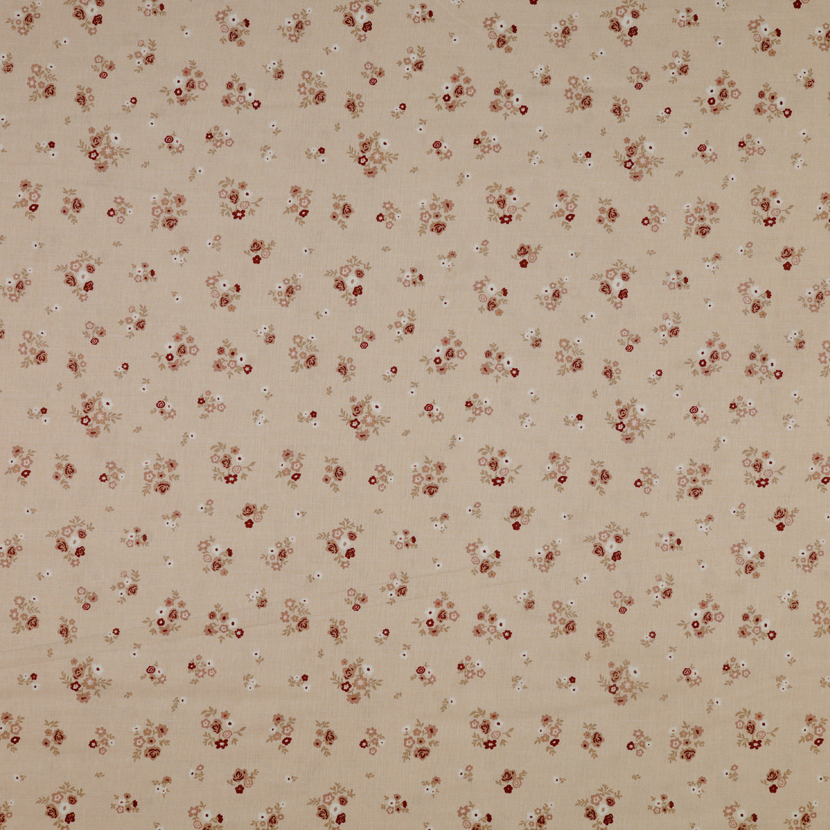 Primrose & Parsley Fabric Collection - Briar Rose Beige: small rust-red and blush floral clusters with tan leaves on a beige background PCPR26836