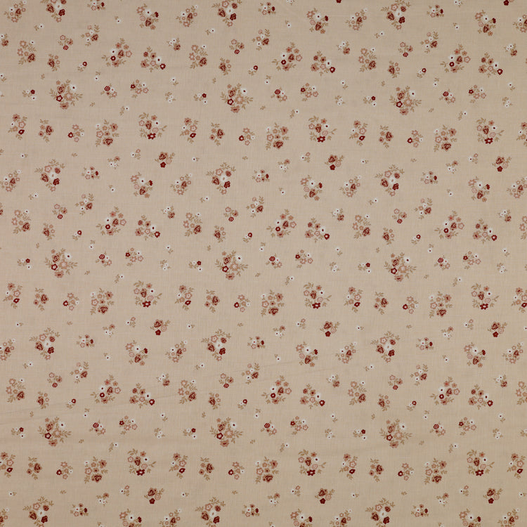Primrose & Parsley Fabric Collection - Briar Rose Beige: small rust-red and blush floral clusters with tan leaves on a beige background PCPR26836
