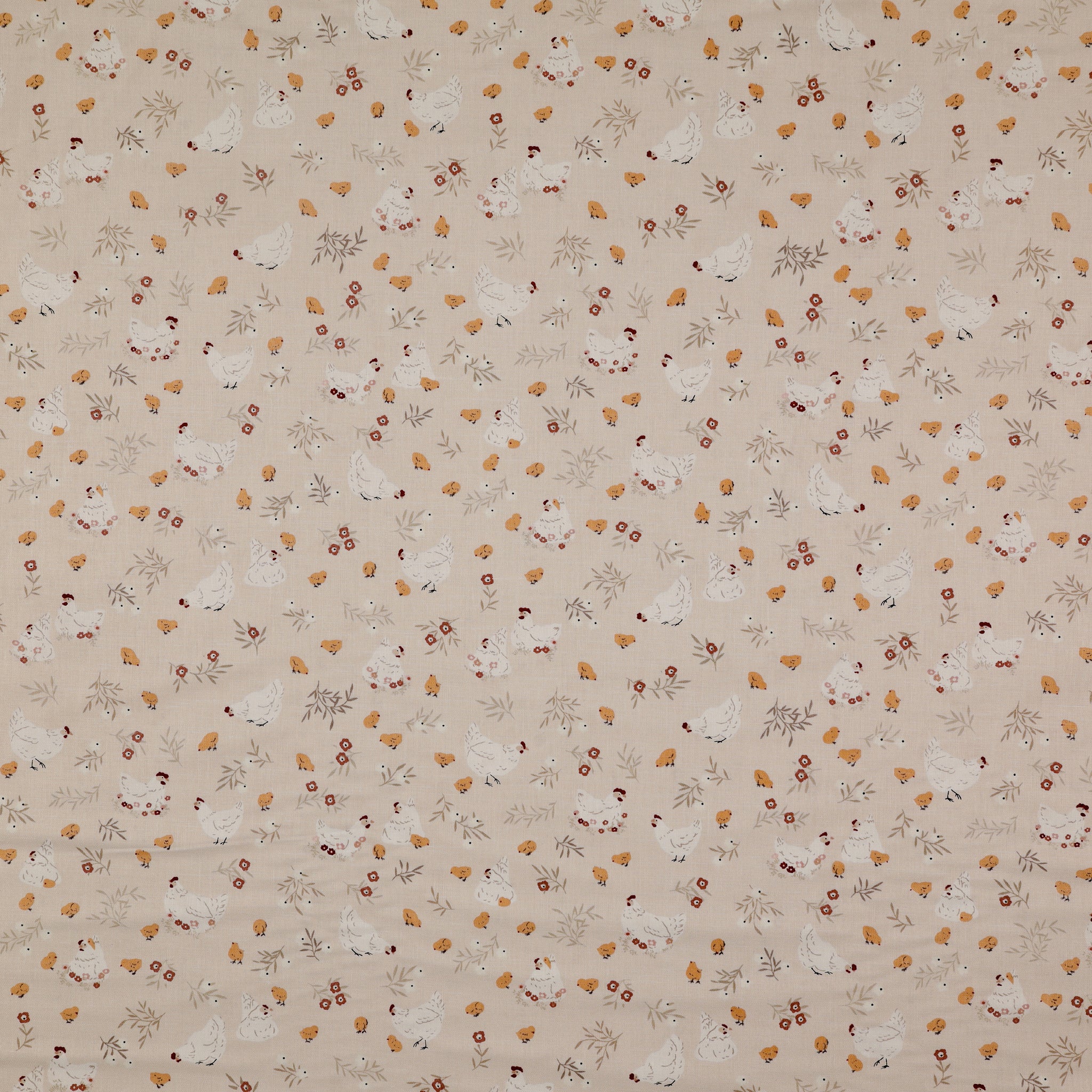 Primrose & Parsley Fabric Collection - Nesting Beige: white hens, golden chicks, rust-red flowers and delicate leafy sprigs on a beige background PCPR26837