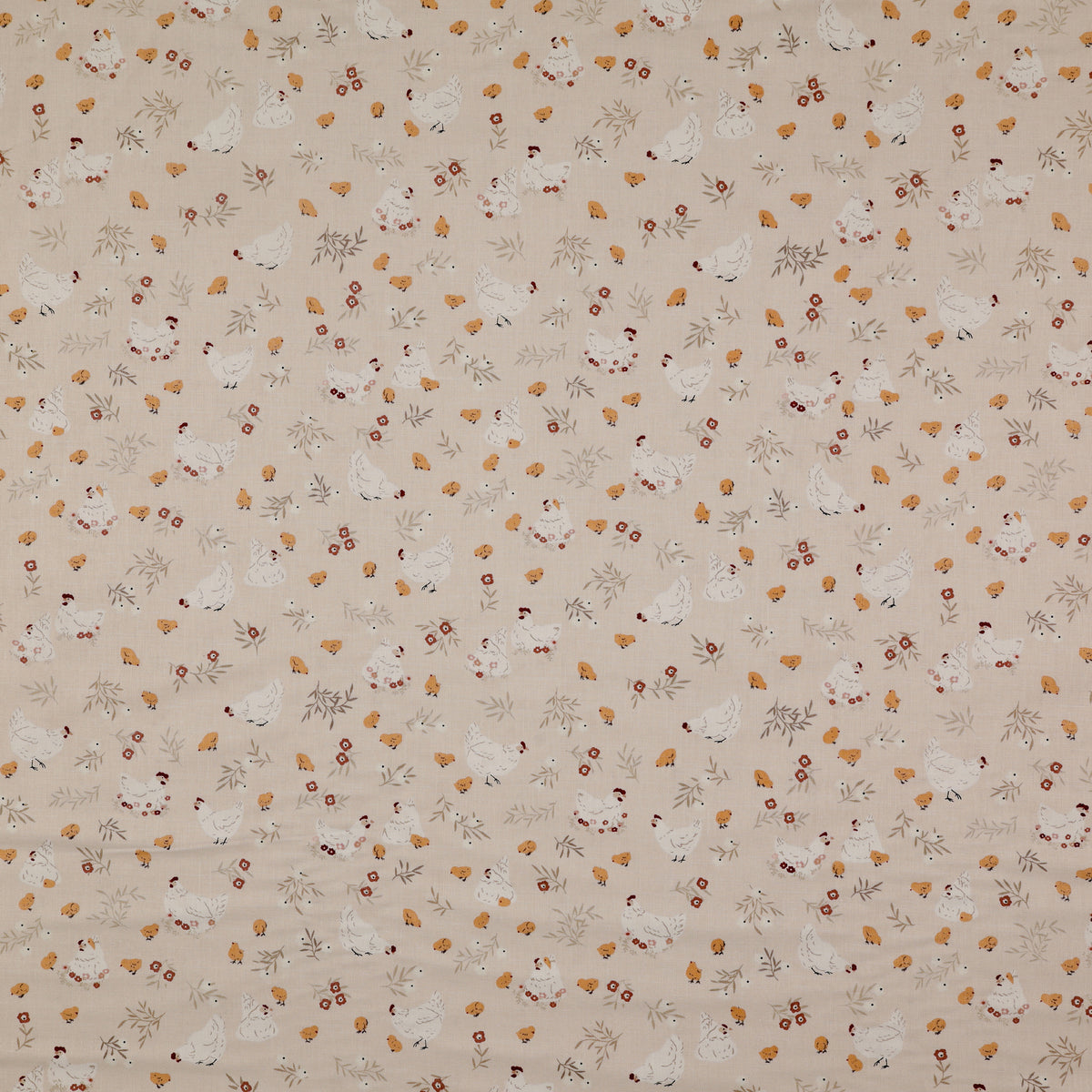 Primrose & Parsley Fabric Collection - Nesting Beige: white hens, golden chicks, rust-red flowers and delicate leafy sprigs on a beige background PCPR26837