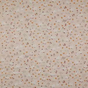 Primrose & Parsley Fabric Collection - Nesting Beige: white hens, golden chicks, rust-red flowers and delicate leafy sprigs on a beige background PCPR26837