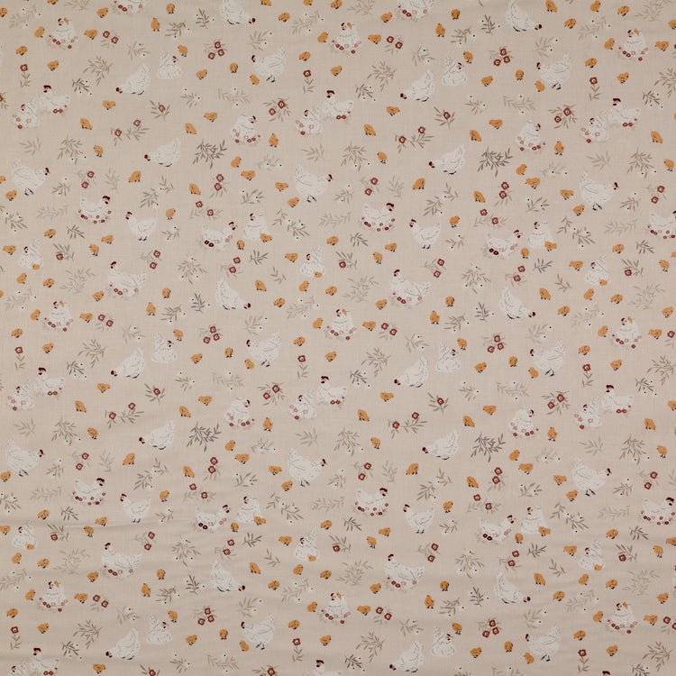 Primrose & Parsley Fabric Collection - Nesting Beige: white hens, golden chicks, rust-red flowers and delicate leafy sprigs on a beige background PCPR26837