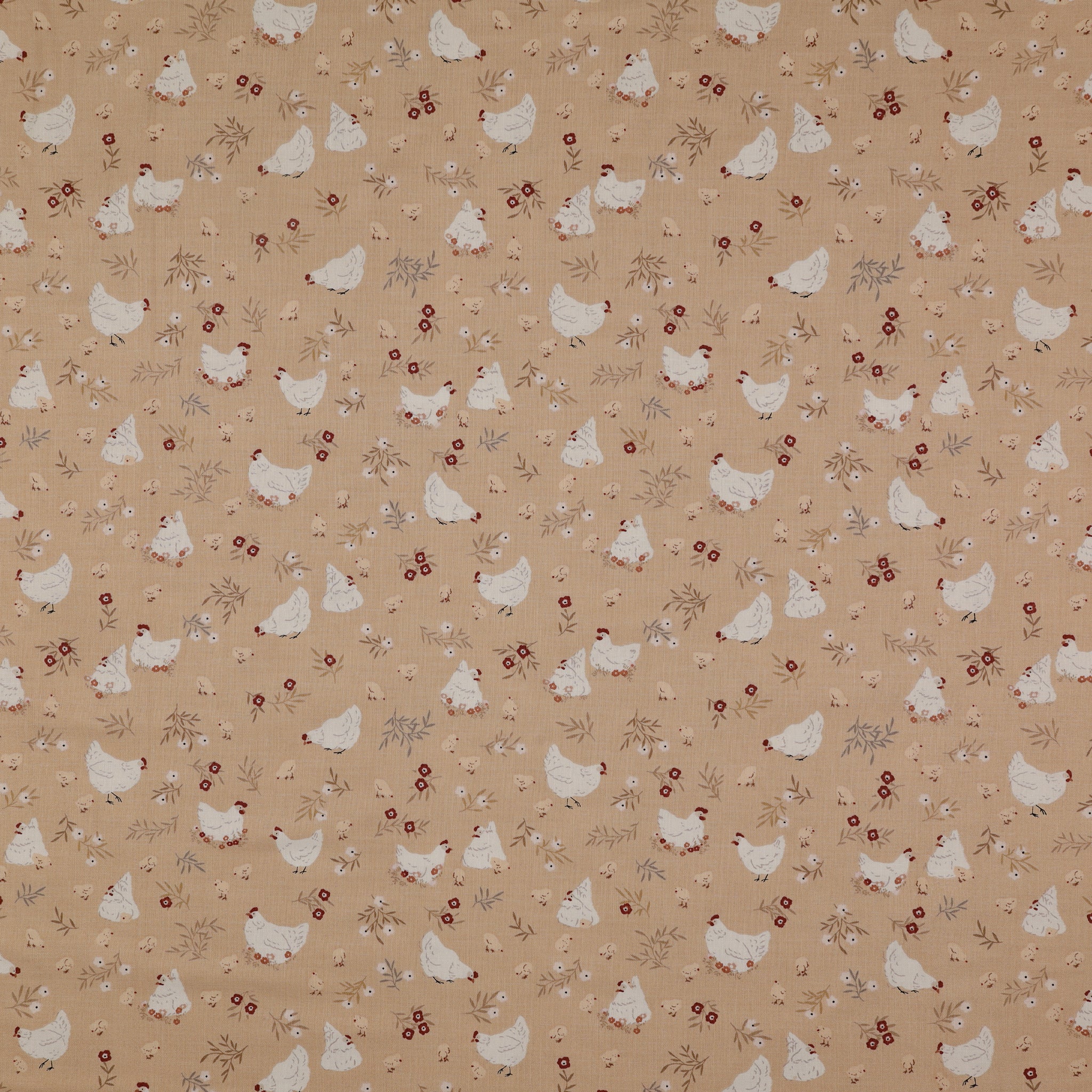 Primrose & Parsley Fabric Collection - Nesting Carmel: white hens, cream chicks, rust-red flowers and delicate leafy sprigs on a tan background PCPR26838