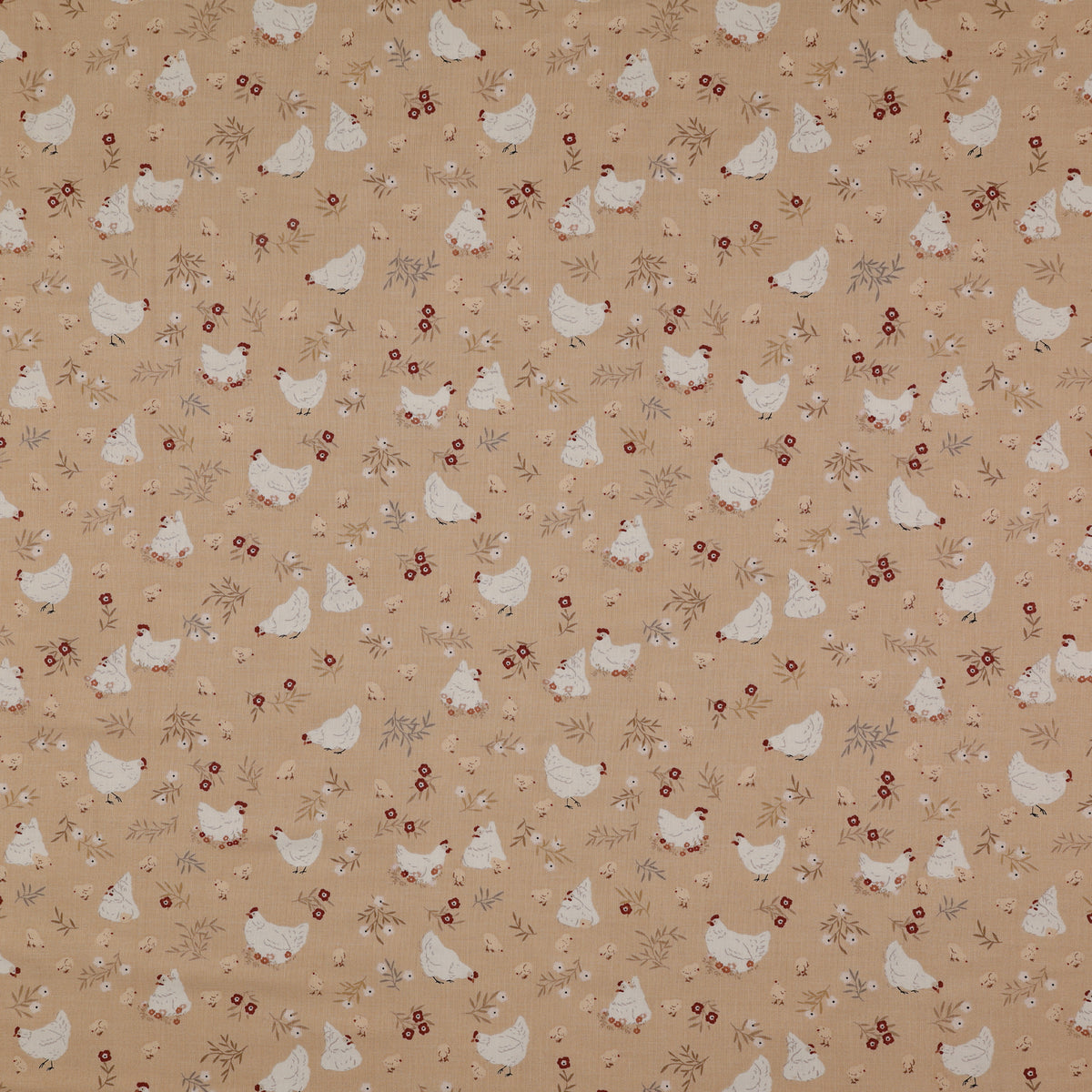 Primrose & Parsley Fabric Collection - Nesting Carmel: white hens, cream chicks, rust-red flowers and delicate leafy sprigs on a tan background PCPR26838