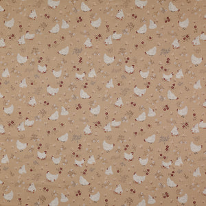 Primrose & Parsley Fabric Collection - Nesting Carmel: white hens, cream chicks, rust-red flowers and delicate leafy sprigs on a tan background PCPR26838